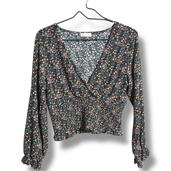 Paper Crane Black with Vibrant Pink and Yellow Floral Long Sleeve Wrap Blouse - Picture 11 of 16